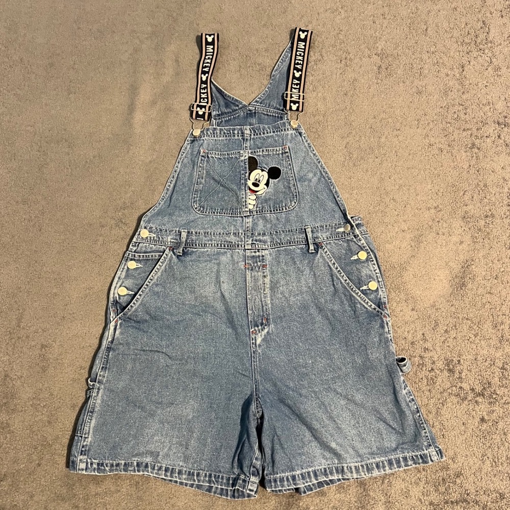 Vintage 90s Mickey Unlimited  Denim Shortalls Mickey Mouse Overalls Size 34